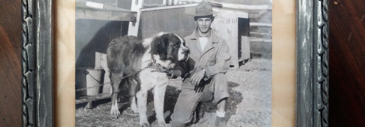 This framed photo shows Homer Finley at Front Royal, Virginia with an unnamed Saint Bernard.