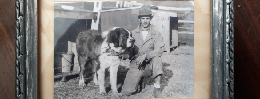 This framed photo shows Homer Finley at Front Royal, Virginia with an unnamed Saint Bernard.