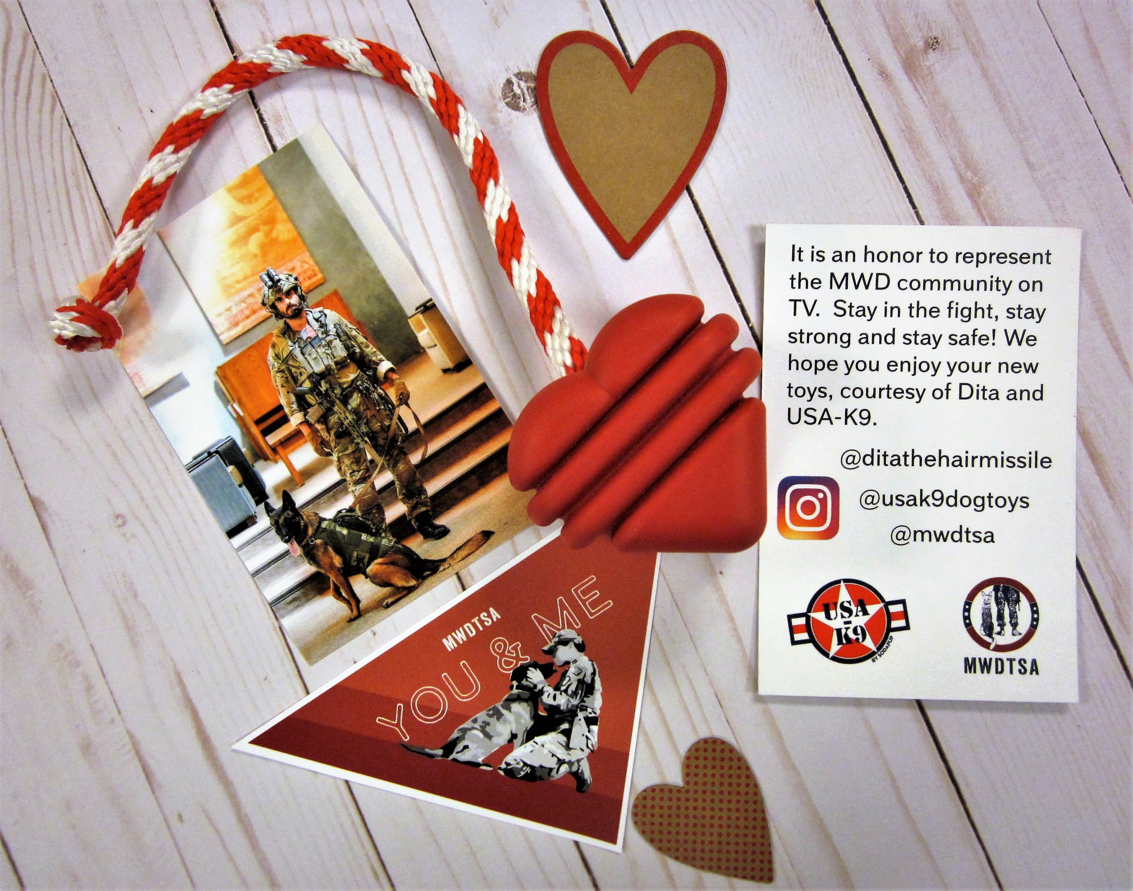 This photo shows the Soda Pup "Heart on a String" rope toy, along with the front and back of a card we enclosed in each care package describing the collaboration with Dita the Hairmissile Dog. It takes a village to fill each care package.
