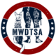 This image is the logo for MWDTSA. It consists of a thick red circle. On the right and left sides of the circle are navy blue segments, each with three white stars. Inside the circle is a navy silhouette of a Belgian Malinois and the lower half of a human with a gun--all viewed from the rear. The letters MWDTSA are placed on top of the silhouette just below the midline of the circle.