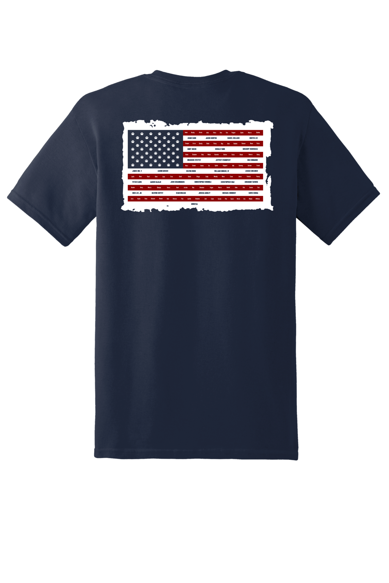 This shows the back of the Memorial Day t-shirt. In the white stripes of the American flag are the names of military working dog handlers who have died since the Wars on Terror began.