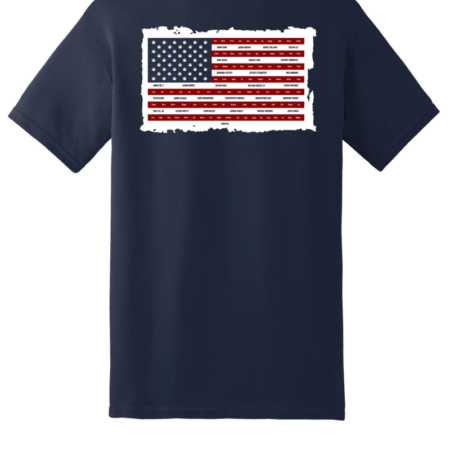 This shows the back of the Memorial Day t-shirt. In the white stripes of the American flag are the names of military working dog handlers who have died since the Wars on Terror began.
