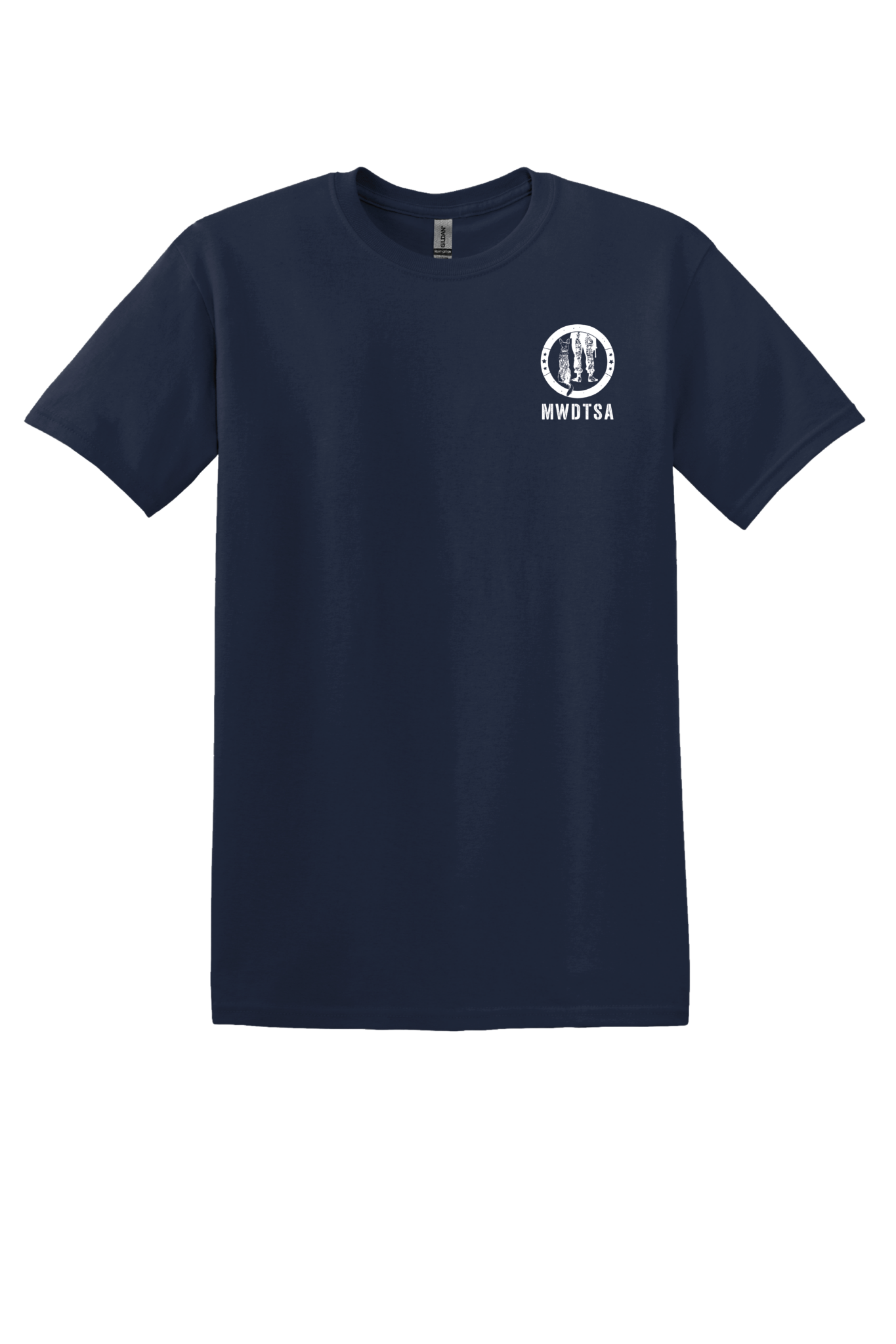 This image shows the front of the Memorial Day t-shirt. It shows a white MWDTSA logo on a navy blue shirt.