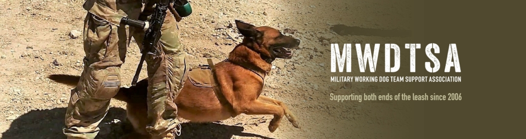 This photo shows a military working dog springing to action. The words beside the image say, "MWDTSA, Military Working Dog Team Support Association, Supporting both ends of the leash since 2006."