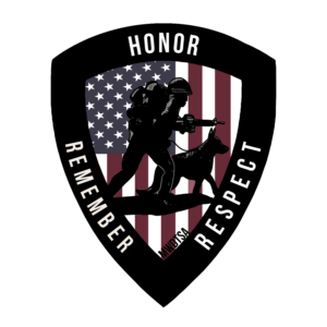 This image shows a badge labeled Honor, Remember, Respect. In the centerr of the badge is a silouette of a MWD handler and K9 with the U.S. flag in the background—a fitting symbol for MWDTSA's EOW support program.
