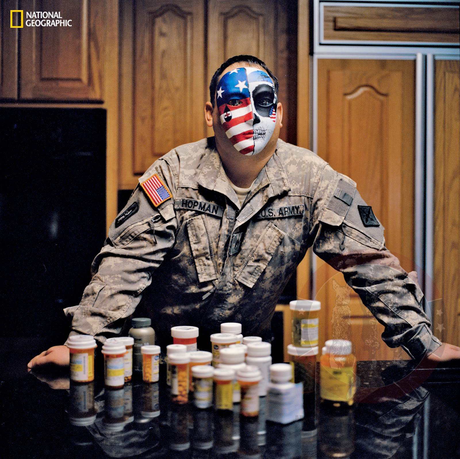 Army Staff Sgt. Perry Hopman wearing his half patriotic, half death head mask.