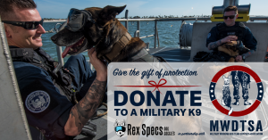 This photo features a Coast Guard K9 wearing dog eye protection. Superimposed on the photo is a message from Rex Spec about the donation drive.