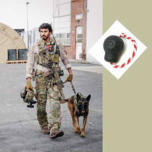 This image shows Justin and Dita from the TV show SEAL Team walking. On the right is an inset showing the USA-K9 rubber "Sugar Skull" rope toy.