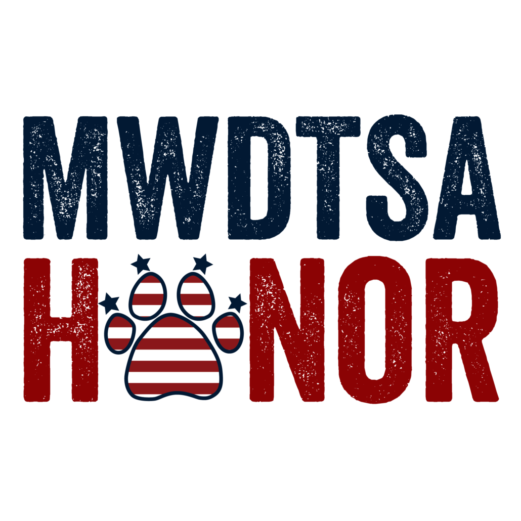 This image is MWDTSA's Honor Box logo. The first "o" in "Honor" is rendered as a paw print with blue stars as the toenails. The paw pads are red and white horizontal stripes to reflect the U.S. flag.