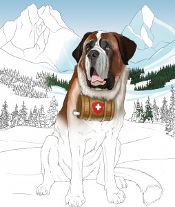 Coloring page shows St. Bernard dog with snowy mountain background. Dog is wearing a flask around his neck.