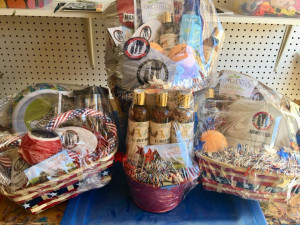 This photo shows gift baskets of MWDTSA and Luck Dog Shampoo merchandise for the raffle.