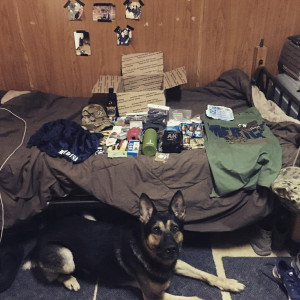 An MWD sits alert on the floor next to a handler's bed. On the bed, care package contents are carefully laid out in front of the box they arrived in.