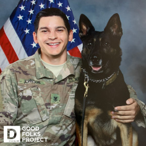 This photo shows MA2 Devon Johnson and his military working dog, MWD Kalo, posing in front of a U.S. flag. This sailor and his dog save lives.