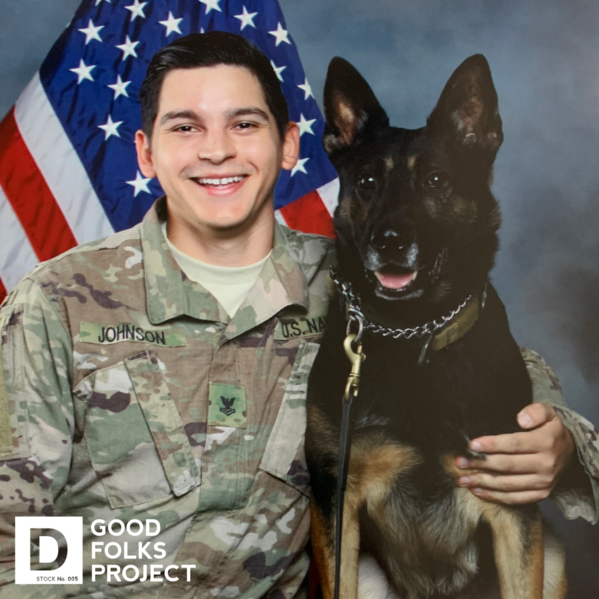 This photo shows MA2 Devon Johnson and his military working dog, MWD Kalo, posing in front of a U.S. flag. This sailor and his dog save lives.