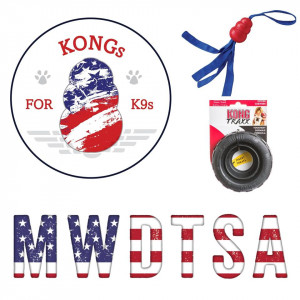 This image features the KONGs for K9s logo, MWDTSA logo, and the two KONG toys that participating retailers are collecting in this year's drive. One is a KONG Extreme Tire. The other is a throw-tug toy.