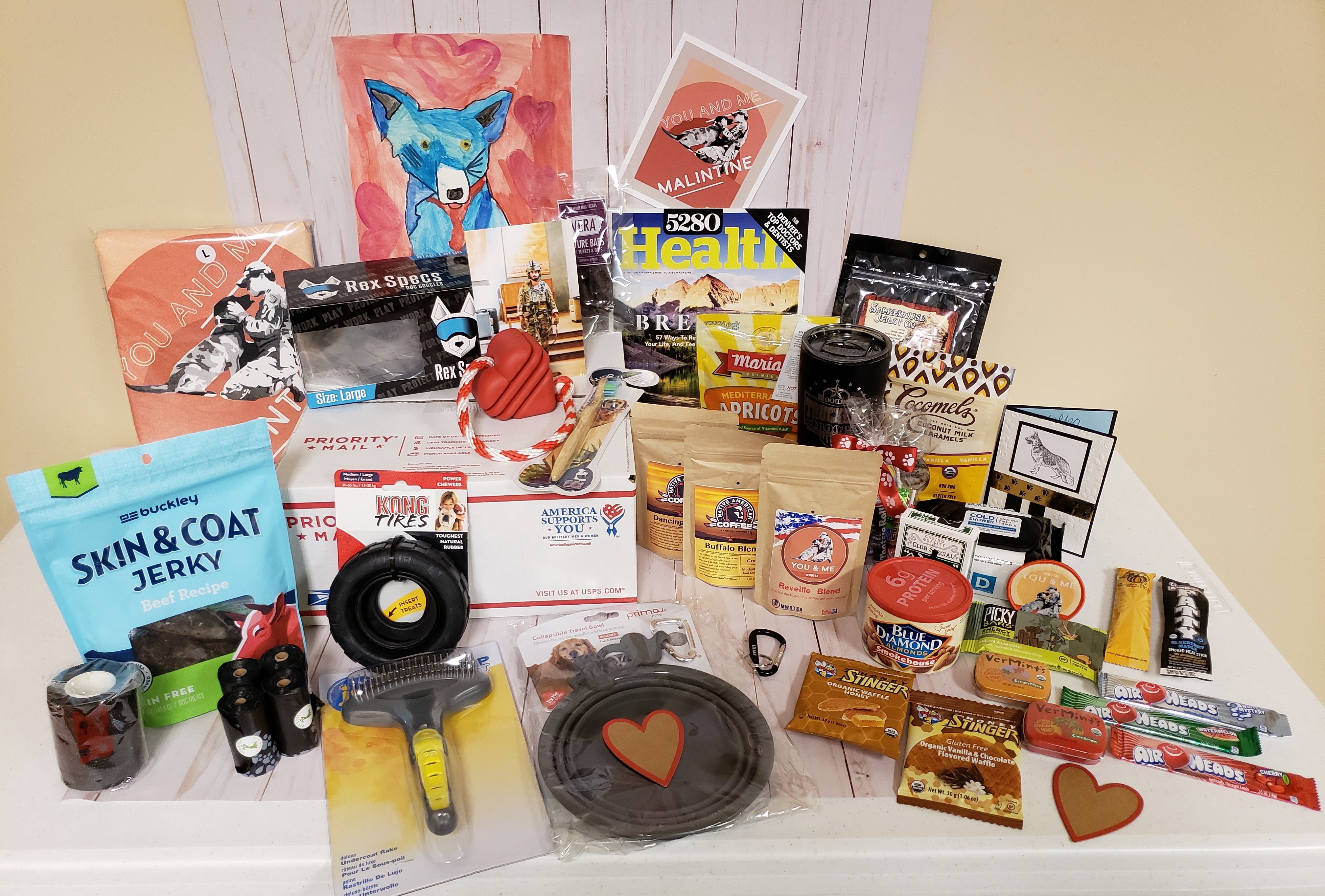 This photo shows care packages items sent in Q1-2019 to support military working dog teams.