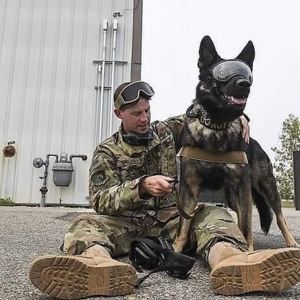 This photo shows a male service member sitting on the ground, putting safety equipment on his MWD. The MWD is standing and wearing RexSpecs dog goggles.